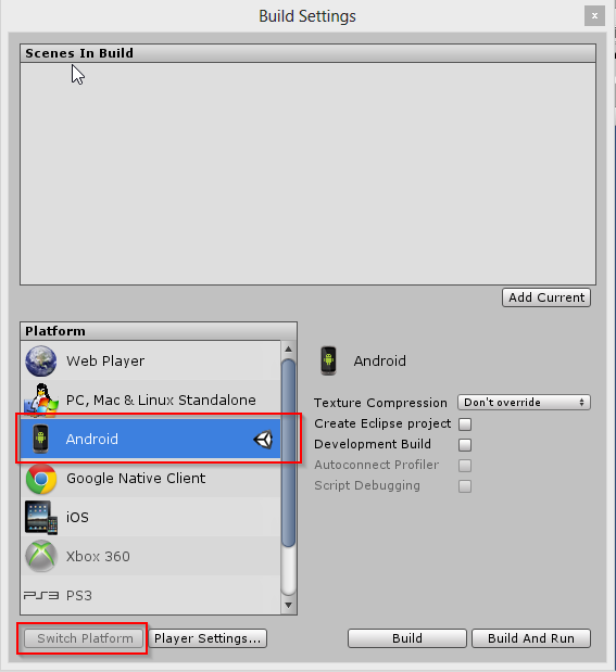 Switch platform android pada unity