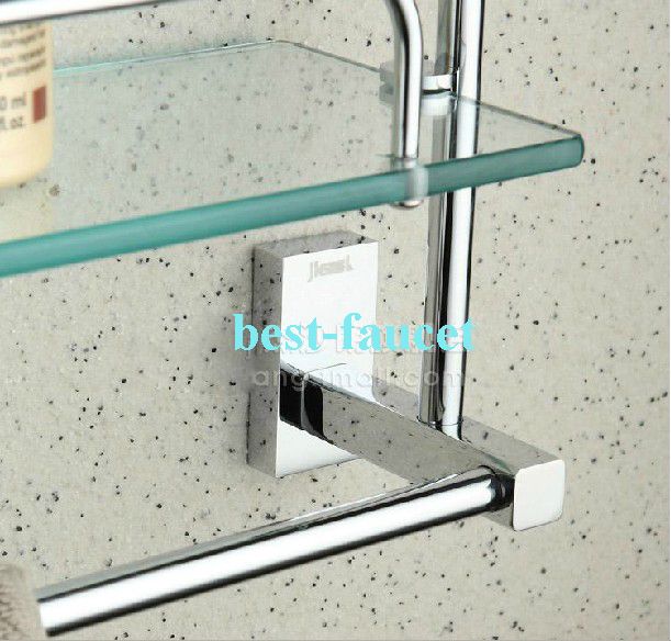 Chrome Finish Bathroom Shower Caddy Cosmetic Glass Shelf Dual Tier w Towel Bar