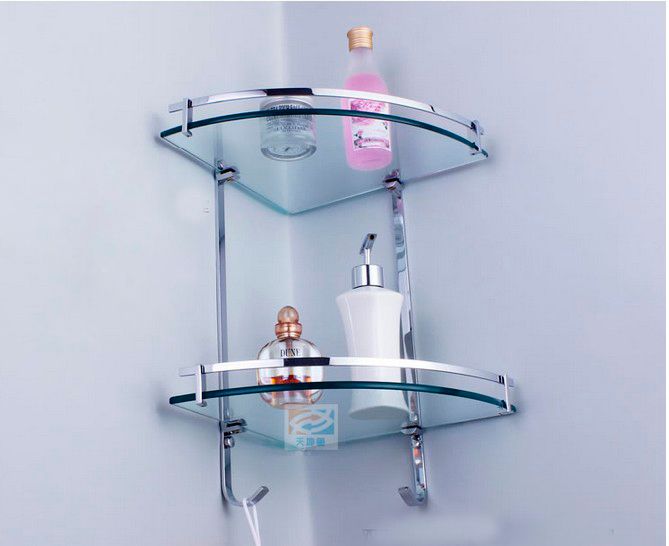 Chrome Glass Wall Corner Shower Caddy Storage Cosmetic Shelf Dual Tier