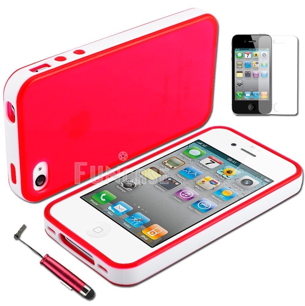 Crystal Clear TPU Glossy Rubber Gel PC Soft Case Cover for iPhone 4 4S Pen Film
